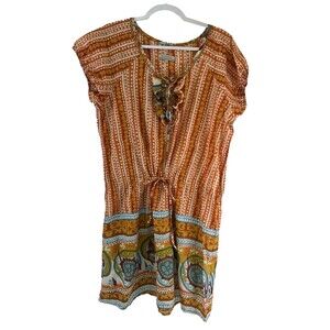World Market Cotton Dress Cap Sleeve Orange Pattern Boho Drawstring Short L/XL